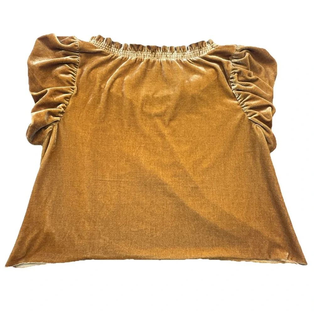 Free People XS Mustard Velvet Puff Sleeve Boho Top Ruched Neck Tie Front Stretch